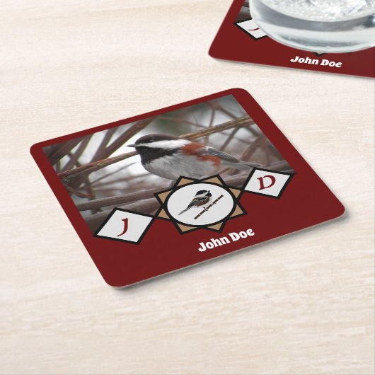 Schattige Chestnut Backed Chickadee Monogram Foto Kartonnen Onderzetters (Schuin)