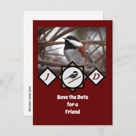 Schattige Chestnut Backed Chickadee Monogram Foto Uitnodiging Briefkaart (Voorkant / Achterkant)