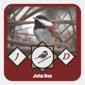 Schattige Chestnut Backed Chickadee Monogram Foto Vierkante Sticker (Voorkant)