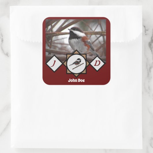 Schattige Chestnut Backed Chickadee Monogram Foto Vierkante Sticker (Tas)
