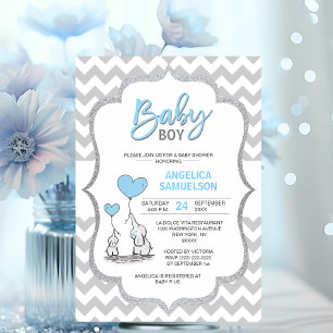 Schattige Chevron Blue Grey Olifant Baby shower BO Kaart