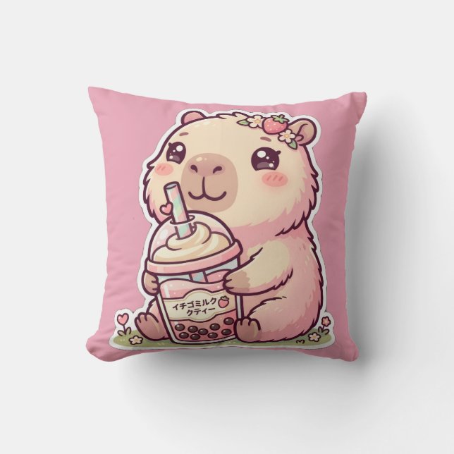 Schattige Chibi Capybara Aardbei Boba Melk Thee Ka Kussen (Voorkant)