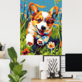 Schattige Chibi Corgi Puppy Hardlopen in Tuin Post Poster (Thuiskantoor)