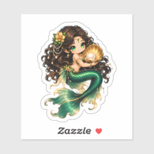 Schattige Chibi Groene Zeemeermin met Gouden Parel Sticker