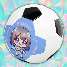 Schattige Chibi holografisch monogram op blauw | Voetbal