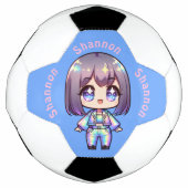 Schattige Chibi holografisch monogram op blauw | Voetbal (Voorkant)