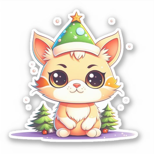 Schattige Chibi Kawaii Cartoon Christmas Kitty Cat Sticker (Voorkant)