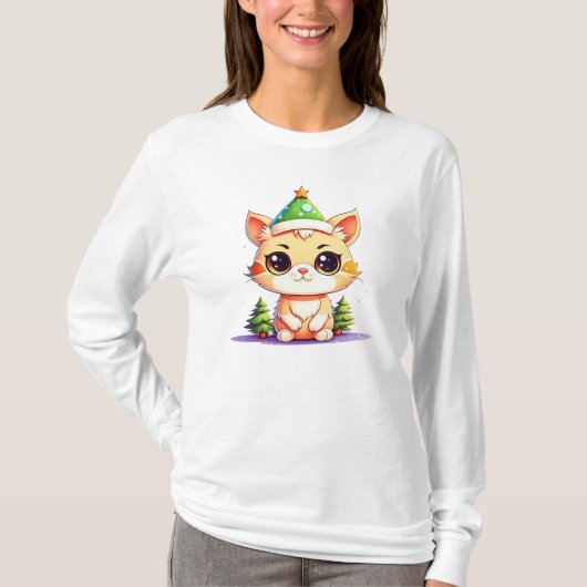 Schattige Chibi Kawaii Cartoon Christmas Kitty Cat T-shirt (Voorkant)