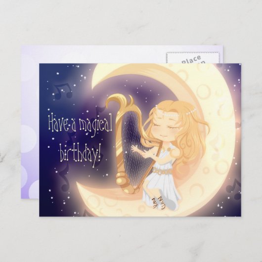 Schattige Chibi-meisje dat harp speelt op de maanv Briefkaart (Voorkant / Achterkant)