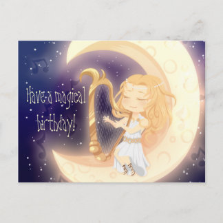 Schattige Chibi-meisje dat harp speelt op de maanv Briefkaart