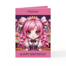 Schattige Chibi Meisje roze haar Verjaardag Kaart