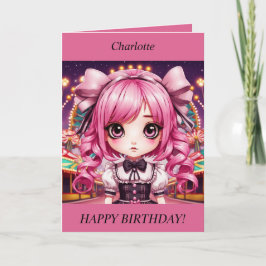 Schattige Chibi Meisje roze haar Verjaardag Kaart