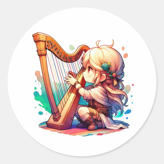 Schattige Chibi meisje speelt harp Ronde Sticker (Voorkant)