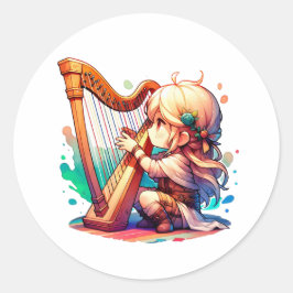 Schattige Chibi meisje speelt harp Ronde Sticker