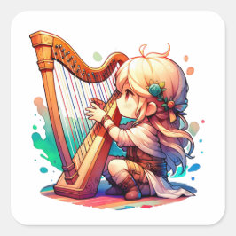 Schattige Chibi meisje speelt harp Vierkante Sticker