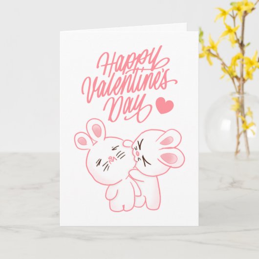 Schattige Chibi paar konijn gelukkige Valentijnsda Kaart (Gele Bloem)