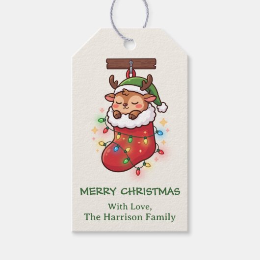 Schattige Chibi Rendier Kous Kerstmis Cadeaulabel (Voorkant)