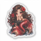 Schattige Chibi Rode Zeemeermin met Hibiscus Bloem Sticker (Voorkant)