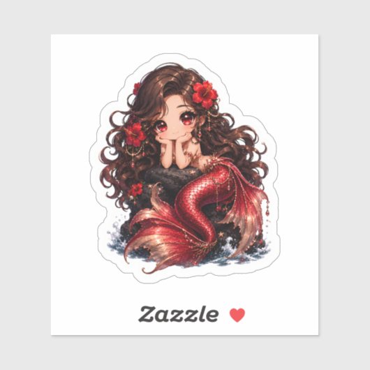 Schattige Chibi Rode Zeemeermin met Hibiscus Bloem Sticker (Vel)