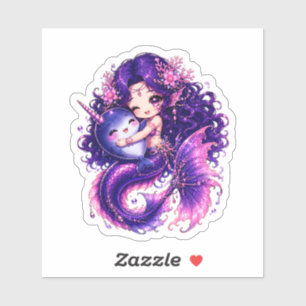 Schattige Chibi Zeemeermin Knuffelend met Baby Nar Sticker