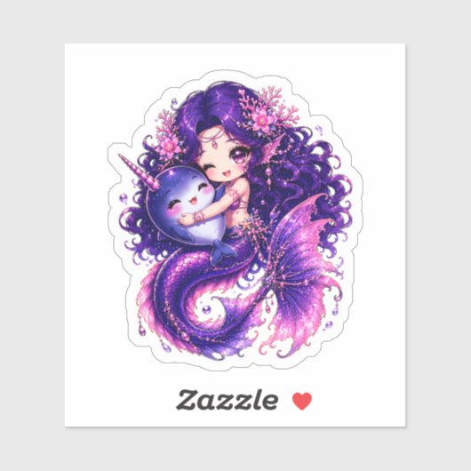 Schattige Chibi Zeemeermin Knuffelend met Baby Nar Sticker (Vel)