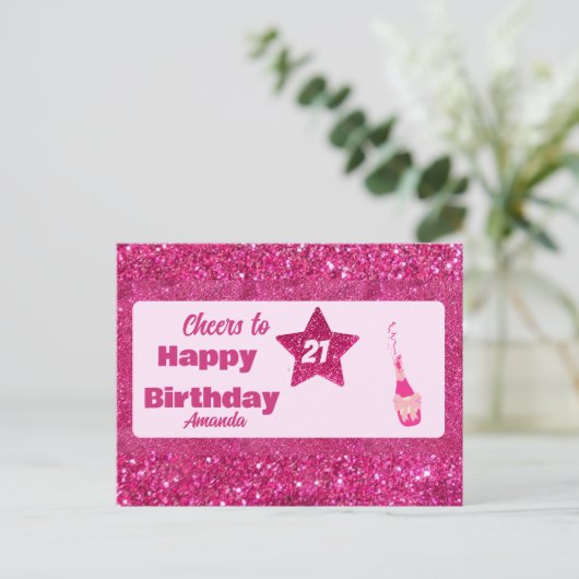 Schattige Chic Roze Glitter Proost 21 Happy Birthd Briefkaart (Staand voorkant)