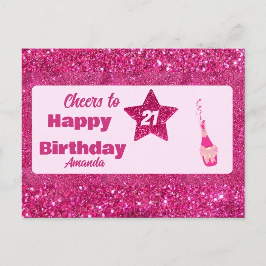 Schattige Chic Roze Glitter Proost 21 Happy Birthd Briefkaart (Voorkant)