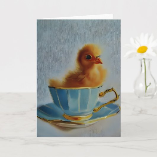 Schattige Chick op een Teacup AI Art Kaart (Kleine Plant)