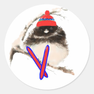 Schattige chick, skiën, kleine vogelsporten ronde sticker