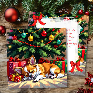 Schattige Chihuahua die slaapt onder de kerstboom Feestdagenkaart