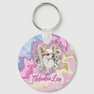 Schattige Chihuahua met roze bloemen Sleutelhanger