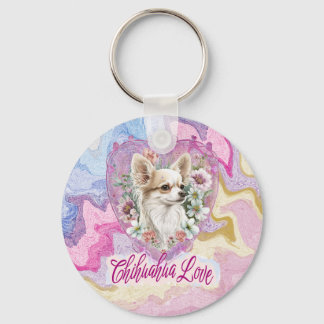 Schattige Chihuahua met roze bloemen Sleutelhanger