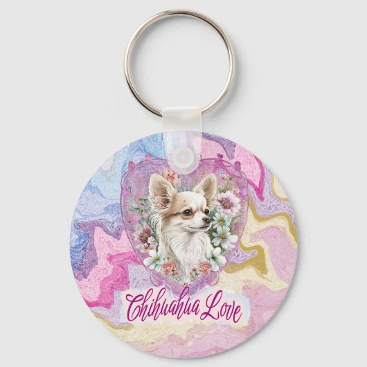 Schattige Chihuahua met roze bloemen Sleutelhanger (Voorkant)