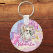 Schattige Chihuahua met roze bloemen Sleutelhanger (Voorkant)