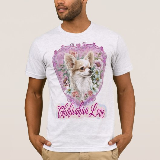 Schattige Chihuahua met roze bloemen T-shirt (Voorkant)