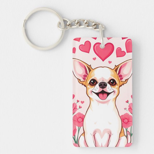 Schattige Chihuahua met roze harten Sleutelhanger (Voorkant)