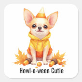 Schattige Chihuahua Puppy in Candy Corn Kostuum Vierkante Sticker (Voorkant)
