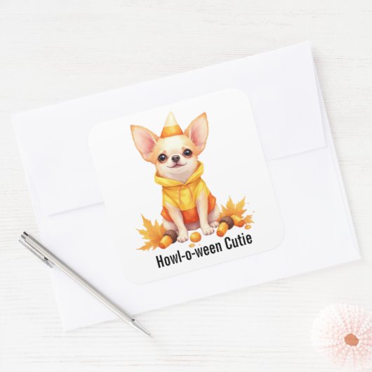 Schattige Chihuahua Puppy in Candy Corn Kostuum Vierkante Sticker (Envelop)