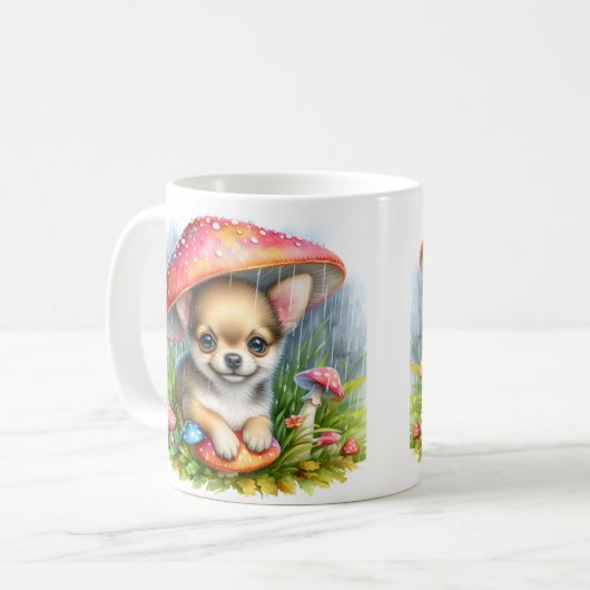 Schattige Chihuahua puppy onder paddenstoelenparap Koffiemok (Voorkant links)