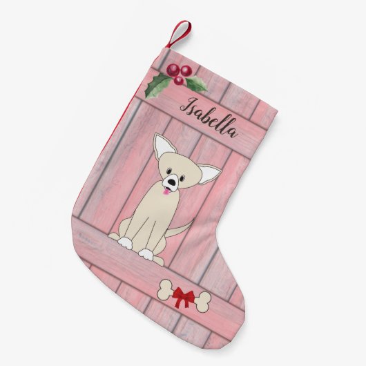 Schattige Chihuahua Roze Houten Omheining Monogram Kleine Kerstsok (Voorkant (Hangend))