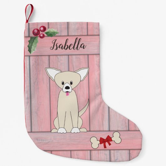 Schattige Chihuahua Roze Houten Omheining Monogram Kleine Kerstsok (Voorkant)