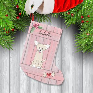 Schattige Chihuahua Roze Houten Omheining Monogram Kleine Kerstsok