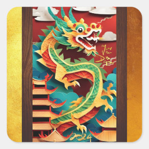 Schattige Chinees Nieuwjaar Dragon Origami SqS Vierkante Sticker