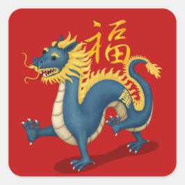 Schattige Chinese Drakendieren "Geluk" Chinees Nie Vierkante Sticker