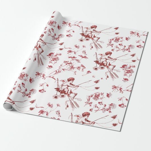 Schattige chique  Cupido Angel Rood Bloemen Toile Cadeaupapier (Uitgerold)