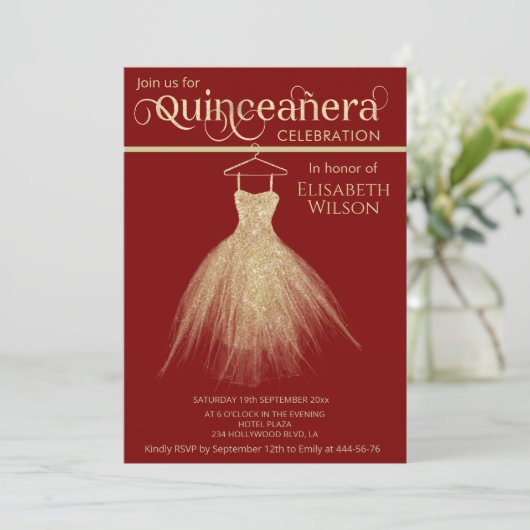 Schattige chique gouden jurk rood Quinceañera Kaart (Staand voorkant)
