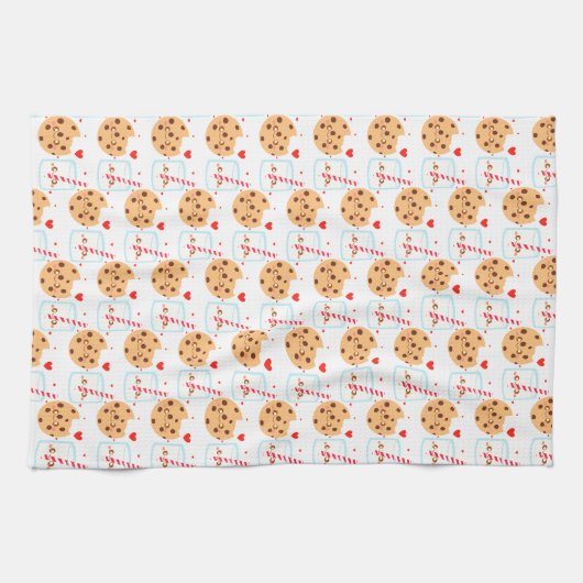 Schattige chocoladekoekje en melkglas theedoek (Horizontaal)