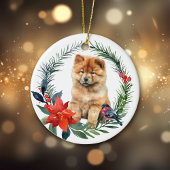 Schattige Chow Puppy Waterverf Poinsettia Keramisch Ornament
