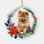 Schattige Chow Puppy Waterverf Poinsettia Keramisch Ornament (Voorkant)