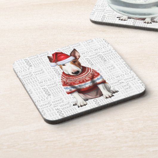 Schattige Christmas Bull Terrier Dog Woof Word Art Bier Onderzetter (Linkerzijde)